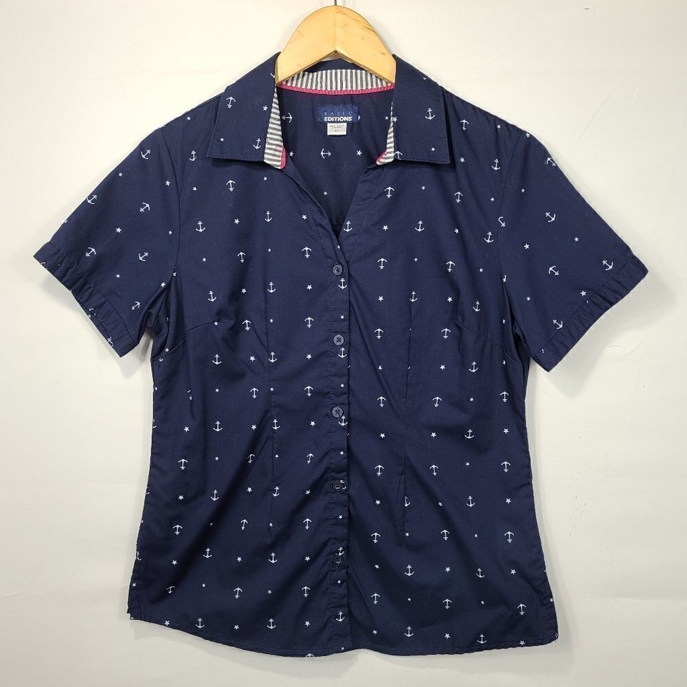 Basic Edition Blue Women's Button Down Anchor Top - image 3